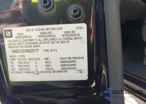 2004 Chevrolet Tahoe C1500 z USA, uszkodzony, nr VIN 1GNEC13Z04R220177